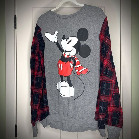 Upcycled Mickey Mouse Sweatshirt with Flannel Sleeves Very Oversized Reworked - Picture 1 of 4